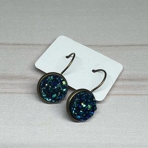 Blue Drop Druzy Earrings in Antique Bronze Setting